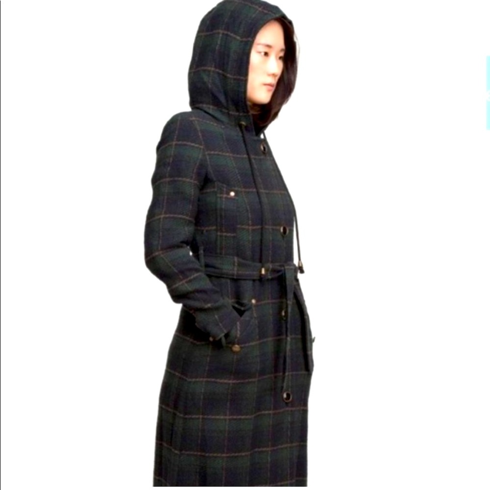 Free People Raw Hem Textured Hooded Plaid Maxi Coat with belt, gently used XS